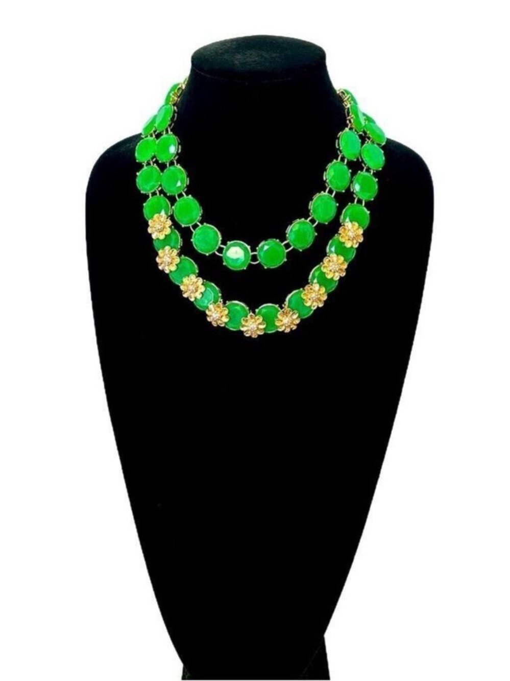 TALBOTS | Kelly Green Stone w Gold Flower Accents Statement Necklace | NWOT